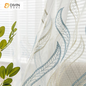DIHINHOME Home Textile Sheer Curtain DIHIN HOME Modern Strips Embroidered Sheer Curtain, Grommet Window Curtain for Living Room ,52x63-inch,1 Panel