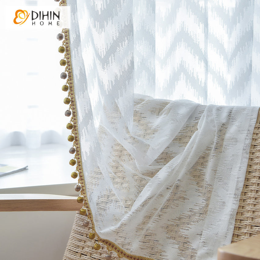 DIHINHOME Home Textile Sheer Curtain DIHIN HOME Modern White Abstract Geometric Sheer Curtain With Lace Balls,Grommet Window Curtain for Living Room ,52x63-inch,1 Panel