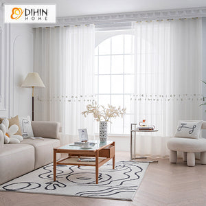 DIHINHOME Home Textile Sheer Curtain DIHIN HOME Modern White Butterfly Embroidered Sheer Curtain, Grommet Window Curtain for Living Room ,52x63-inch,1 Panel