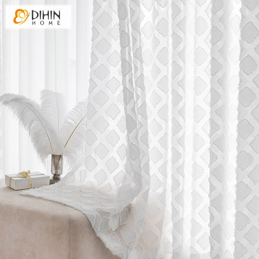 DIHINHOME Home Textile Sheer Curtain DIHIN HOME Modern White Diamond Shape Emboridered Sheer Curtain, Grommet Window Curtain for Living Room ,52x63-inch,1 Panelriped