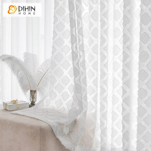 DIHINHOME Home Textile Sheer Curtain DIHIN HOME Modern White Diamond Shape Emboridered Sheer Curtain, Grommet Window Curtain for Living Room ,52x63-inch,1 Panelriped