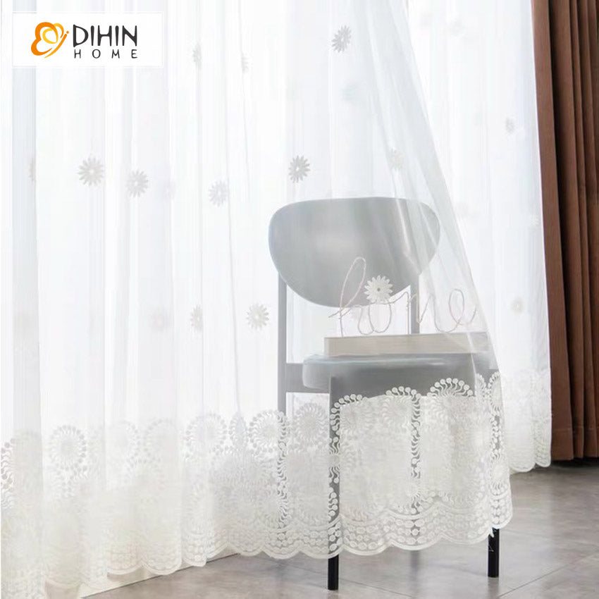 DIHINHOME Home Textile Sheer Curtain DIHIN HOME Modern White Flowers Embroidered Sheer Curtain, Grommet Window Curtain for Living Room ,52x63-inch,1 Panel