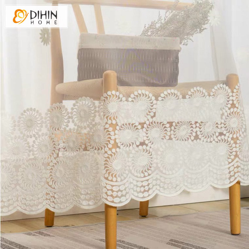 DIHINHOME Home Textile Sheer Curtain DIHIN HOME Modern White Flowers Embroidered Sheer Curtain, Grommet Window Curtain for Living Room ,52x63-inch,1 Panel
