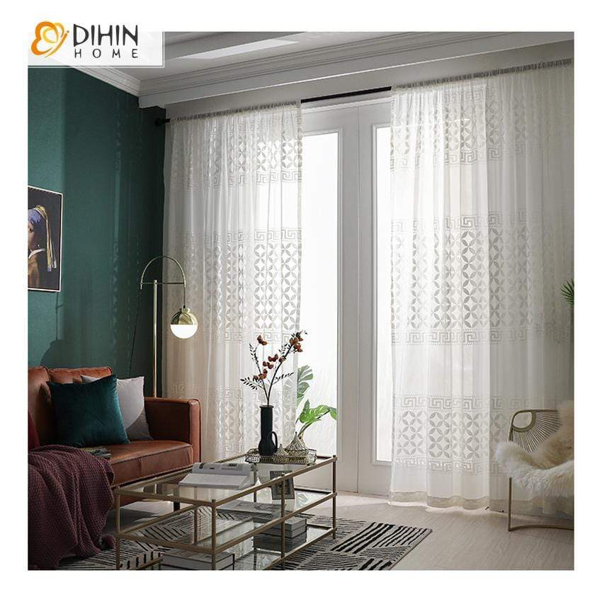 DIHINHOME Home Textile Sheer Curtain DIHIN HOME Modern White Geometric Day Curtains ,Sheer Curtain, Grommet Window Curtain for Living Room ,52x63-inch,1 Panel