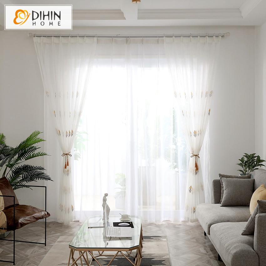 DIHIN HOME Modern White Geometric Embroidered,Sheer Curtain, Grommet Window Curtain for Living Room ,52x63-inch,1 Panel