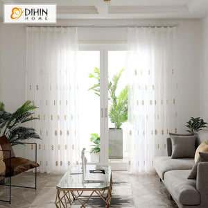 DIHIN HOME Modern White Geometric Embroidered,Sheer Curtain, Grommet Window Curtain for Living Room ,52x63-inch,1 Panel