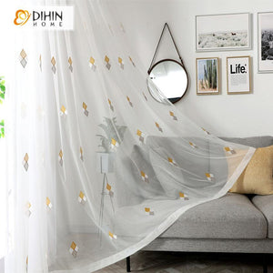 DIHIN HOME Modern White Geometric Embroidered,Sheer Curtain, Grommet Window Curtain for Living Room ,52x63-inch,1 Panel