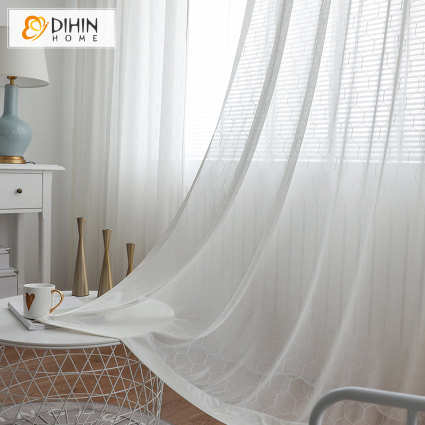 DIHIN HOME Modern White Geometric,Sheer Curtain,Blackout Grommet Window Curtain for Living Room ,52x63-inch,1 Panel