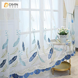 DIHIN HOME Mordern Blue Embroidered Day Curtain,Sheer Curtain,Blackout Grommet Window Curtain for Living Room ,52x63-inch,1 Panel