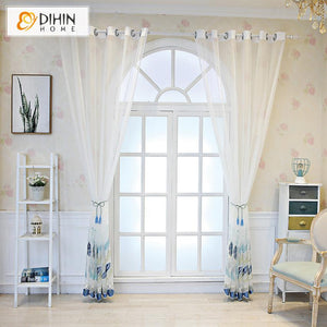 DIHIN HOME Mordern Blue Embroidered Day Curtain,Sheer Curtain,Blackout Grommet Window Curtain for Living Room ,52x63-inch,1 Panel