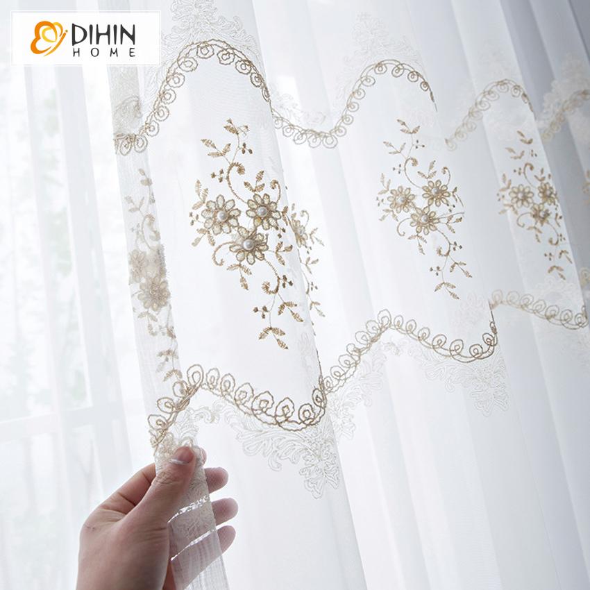 DIHIN HOME Mordern White Flowers Embroidered Day Curtain,Sheer Curtain,Blackout Grommet Window Curtain for Living Room ,52x63-inch,1 Panel