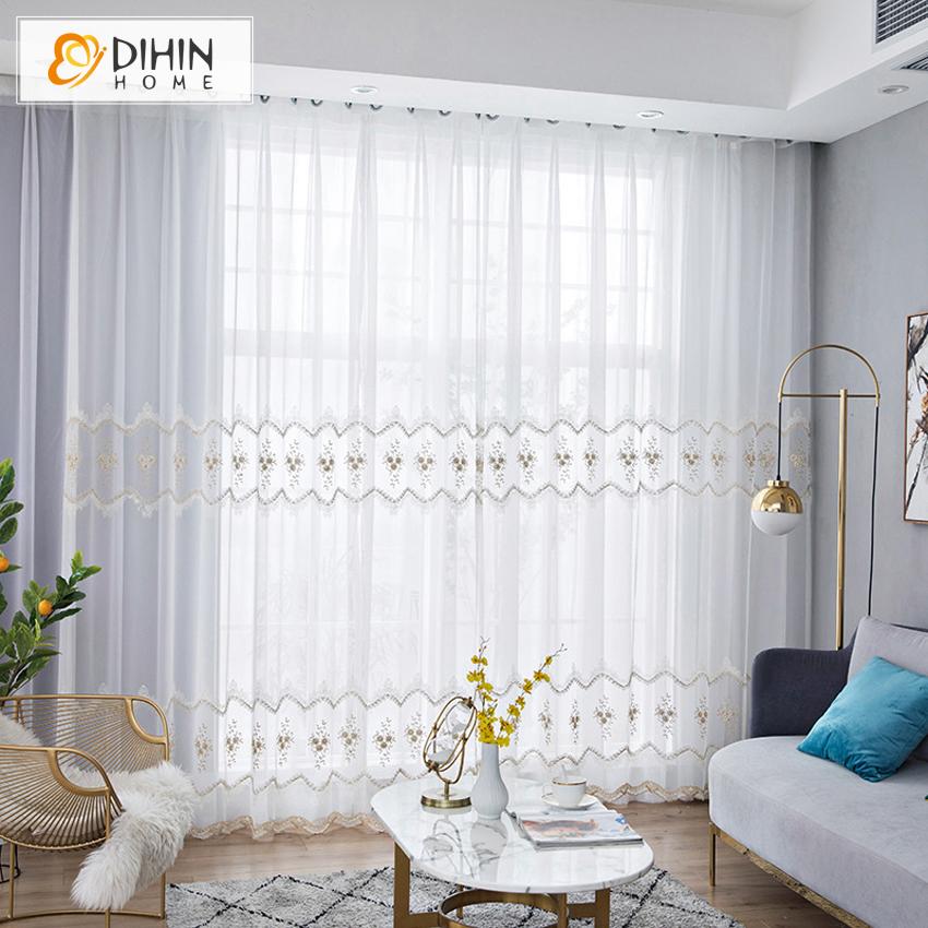 DIHIN HOME Mordern White Flowers Embroidered Day Curtain,Sheer Curtain,Blackout Grommet Window Curtain for Living Room ,52x63-inch,1 Panel