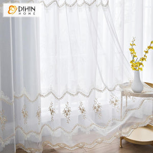 DIHIN HOME Mordern White Flowers Embroidered Day Curtain,Sheer Curtain,Blackout Grommet Window Curtain for Living Room ,52x63-inch,1 Panel