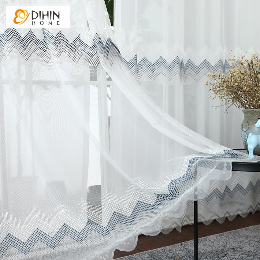 DIHIN HOME Mordern White Geometric Waves Embroidered Day Curtain,Sheer Curtain,Blackout Grommet Window Curtain for Living Room ,52x63-inch,1 Panel