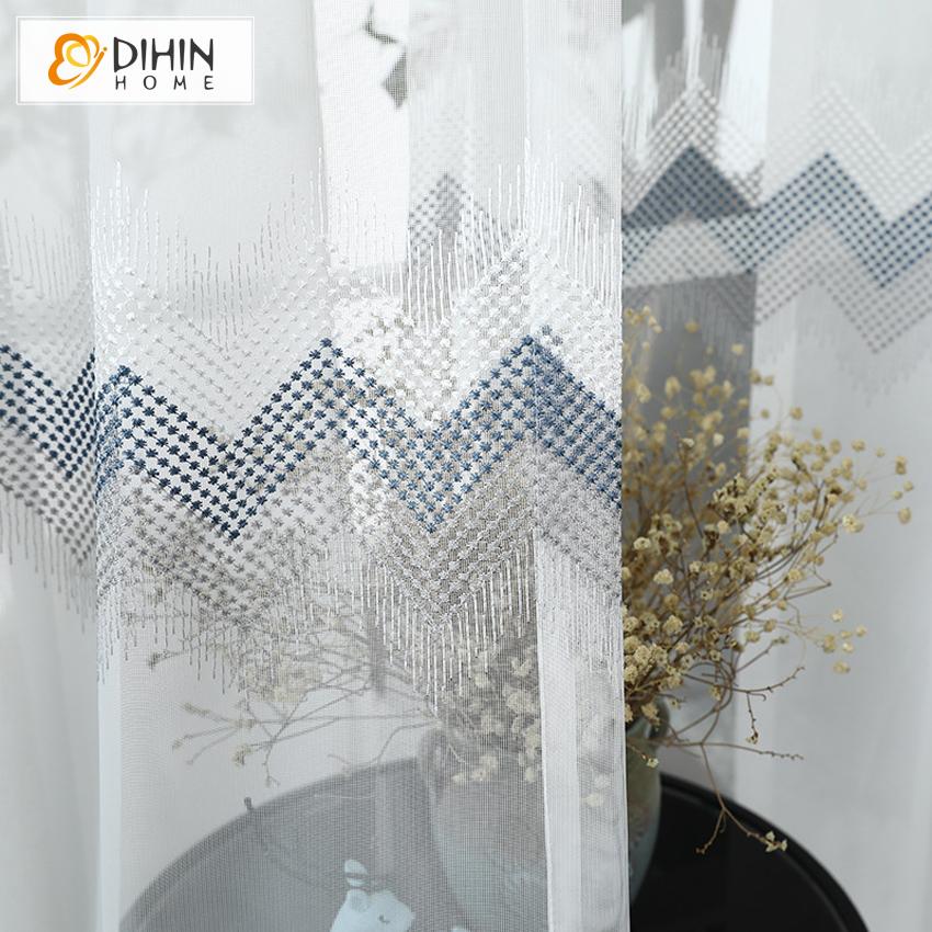 DIHIN HOME Mordern White Geometric Waves Embroidered Day Curtain,Sheer Curtain,Blackout Grommet Window Curtain for Living Room ,52x63-inch,1 Panel