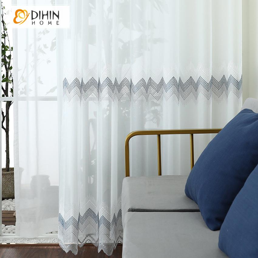 DIHIN HOME Mordern White Geometric Waves Embroidered Day Curtain,Sheer Curtain,Blackout Grommet Window Curtain for Living Room ,52x63-inch,1 Panel