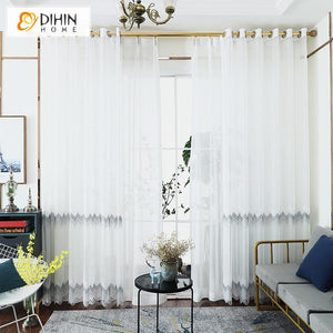 DIHIN HOME Mordern White Geometric Waves Embroidered Day Curtain,Sheer Curtain,Blackout Grommet Window Curtain for Living Room ,52x63-inch,1 Panel