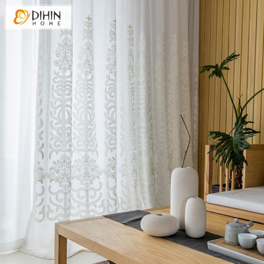 DIHIN HOME Mordern White Jacquard Embroidered Day Curtain,Sheer Curtain,Blackout Grommet Window Curtain for Living Room ,52x63-inch,1 Panel