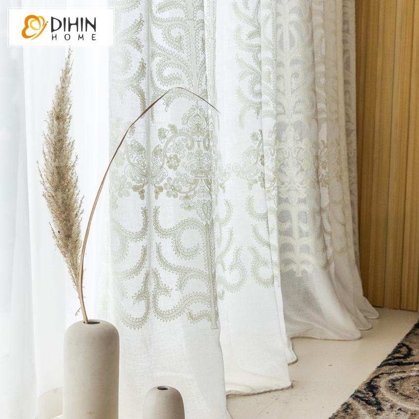 DIHIN HOME Mordern White Jacquard Embroidered Day Curtain,Sheer Curtain,Blackout Grommet Window Curtain for Living Room ,52x63-inch,1 Panel