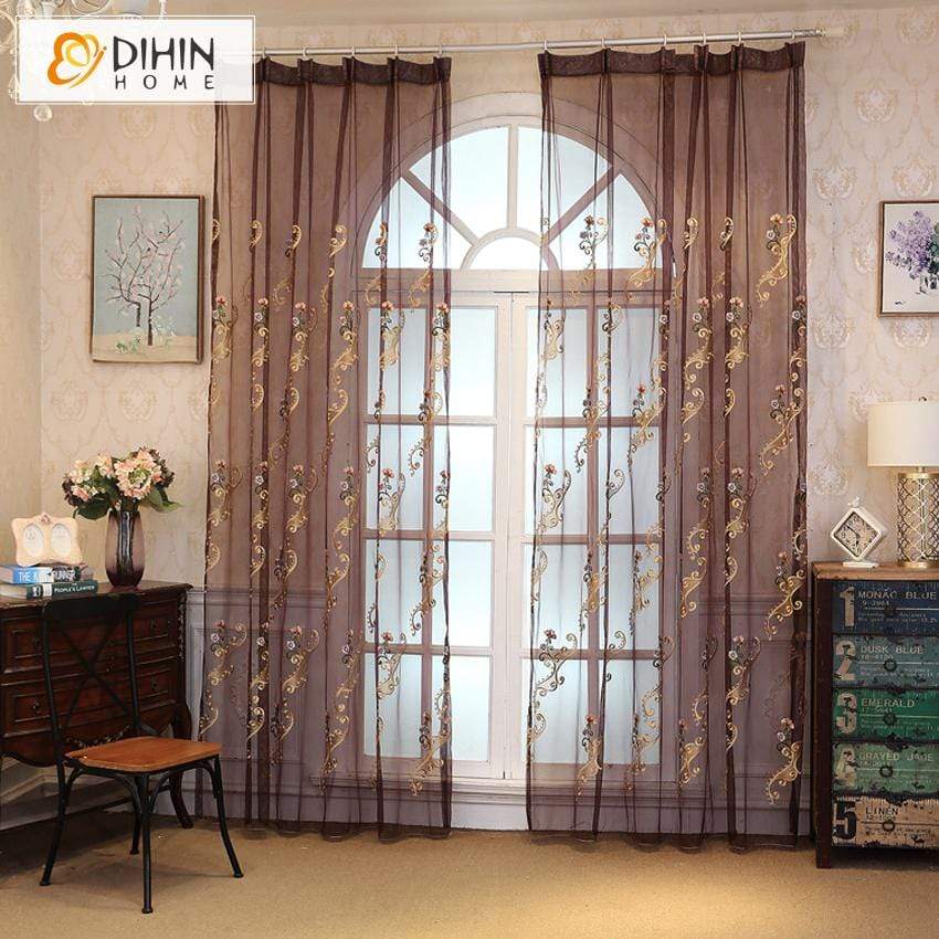 DIHINHOME Home Textile Sheer Curtain DIHIN HOME Noble Brown Pattern Embroidered,Sheer Curtain,Blackout Grommet Window Curtain for Living Room ,52x63-inch,1 Panel