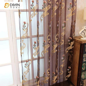 DIHINHOME Home Textile Sheer Curtain DIHIN HOME Noble Brown Pattern Embroidered,Sheer Curtain,Blackout Grommet Window Curtain for Living Room ,52x63-inch,1 Panel