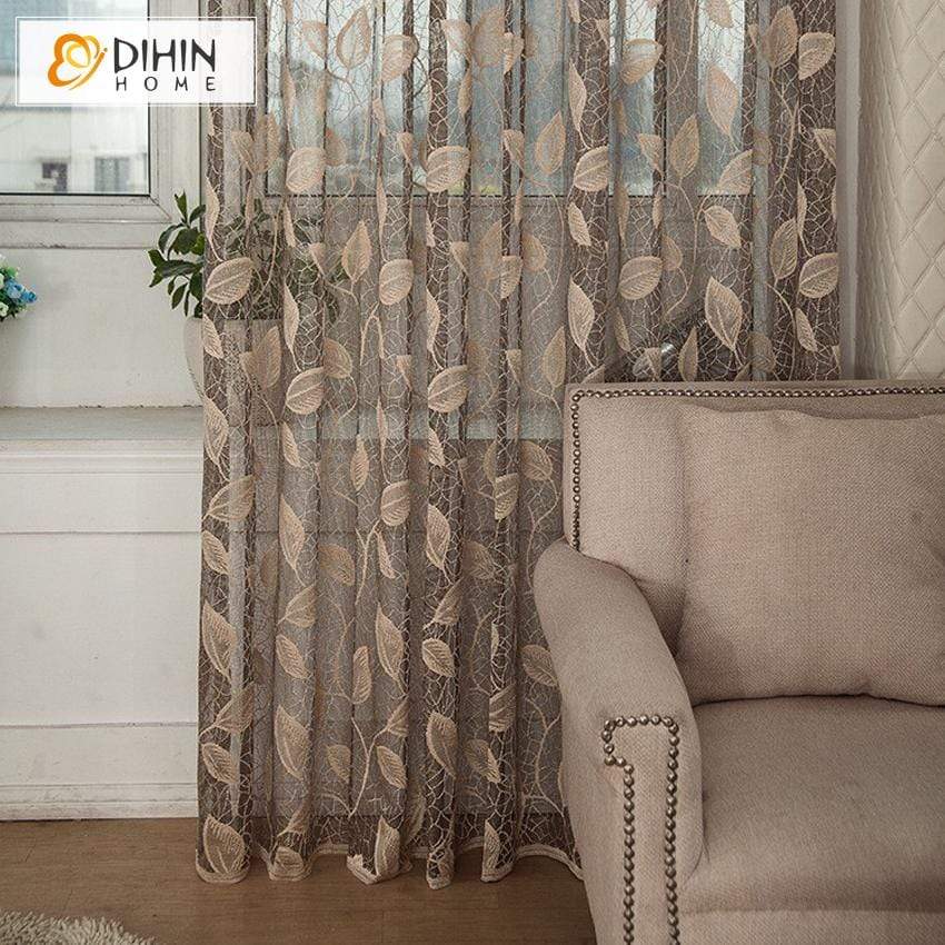 DIHINHOME Home Textile Sheer Curtain DIHIN HOME Noble Leaves Embroidered,Sheer Curtain,Blackout Grommet Window Curtain for Living Room ,52x63-inch,1 Panel
