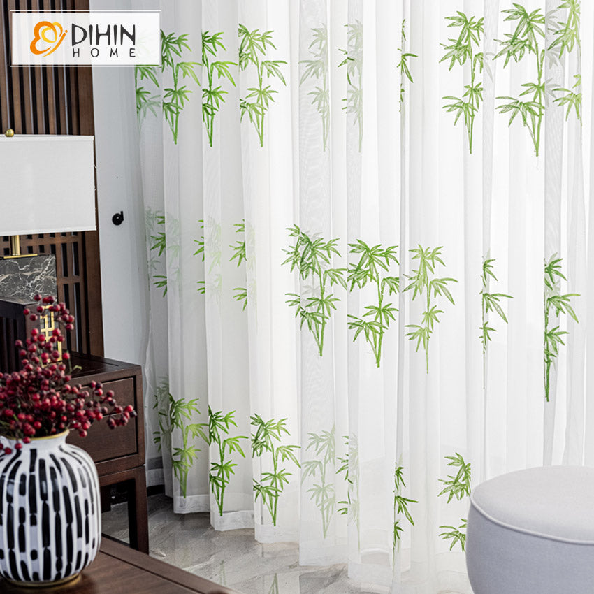 DIHINHOME Home Textile Sheer Curtain DIHIN HOME Pastoral Bamboo Leaves Embroidered,Grommet Window Sheer Curtain for Living Room ,52x63-inch,1 Panel