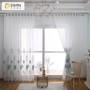 DIHINHOME Home Textile Sheer Curtain DIHIN HOME Pastoral Banana Leaves Embroidered,Sheer Curtain,Grommet Window Curtain for Living Room ,52x63-inch,1 Panel Roman Shades Window Curtains Curtains Window Blinds Curtains Drapes