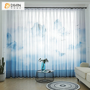 DIHIN HOME Pastoral Blue Color Landscapes Printed,Sheer Curtain,Blackout Grommet Window Curtain for Living Room ,52x63-inch,1 Panel