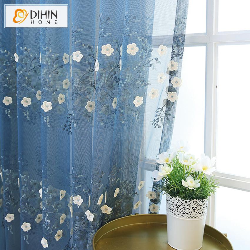 DIHIN HOME Pastoral Blue Embroidered Day Curtain,Sheer Curtain,Blackout Grommet Window Curtain for Living Room ,52x63-inch,1 Panel