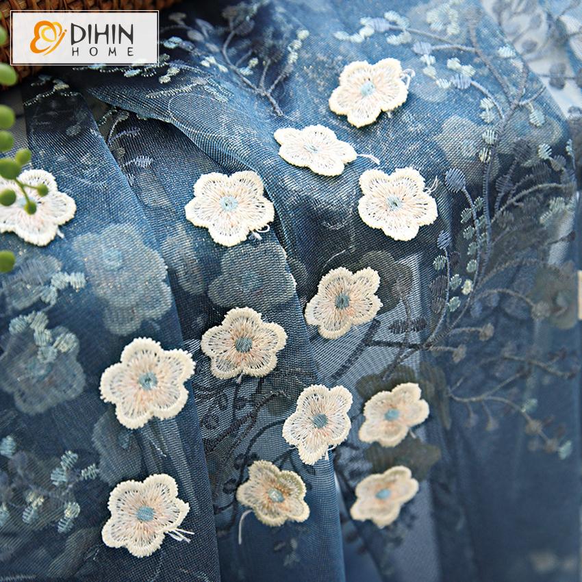 DIHIN HOME Pastoral Blue Embroidered Day Curtain,Sheer Curtain,Blackout Grommet Window Curtain for Living Room ,52x63-inch,1 Panel