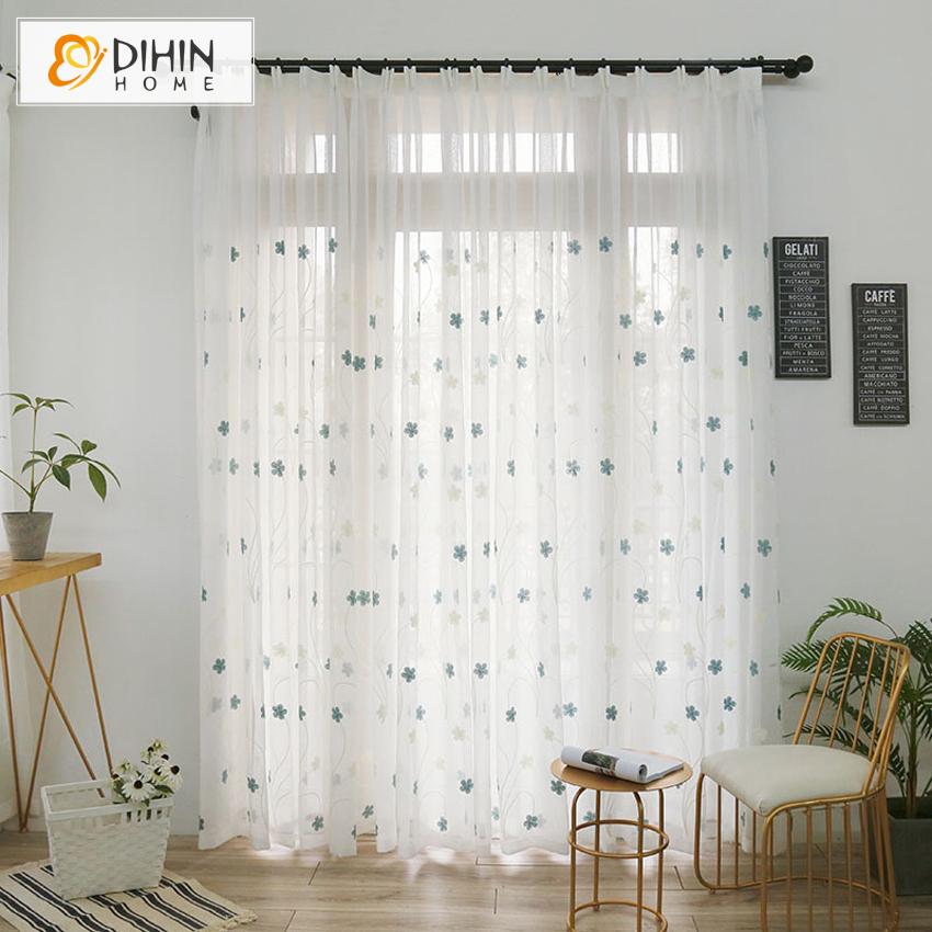 DIHINHOME Home Textile Sheer Curtain DIHIN HOME Pastoral Blue Flowers Embroidered,Sheer Curtain,Grommet Window Curtain for Living Room ,52x63-inch,1 Panel
