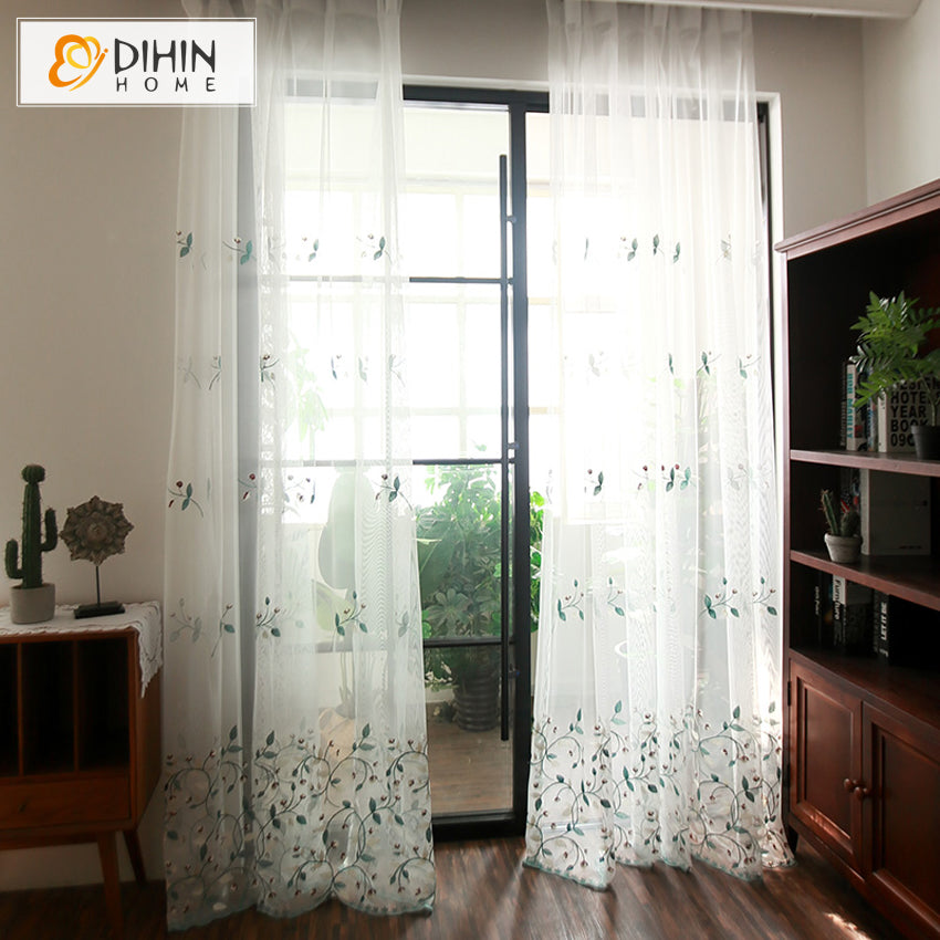 DIHIN HOME Pastoral Blue Leaves Embroidered Sheer Curtain,Grommet Window Curtain for Living Room ,52x63-inch,1 Panel