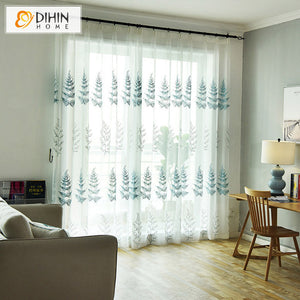 DIHINHOME Home Textile Sheer Curtain DIHIN HOME Pastoral Blue Leaves Embroidered Sheer Curtain, Grommet Window Curtain for Living Room ,52x63-inch,1 Panel