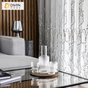 DIHIN HOME Pastoral Branches and Leaves Embroidered Sheer Curtains,Grommet Window Curtain for Living Room ,52x63-inch,1 Panel