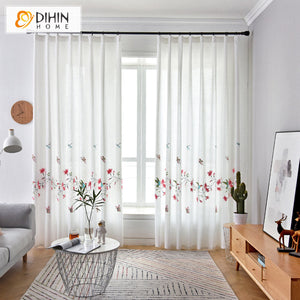 DIHINHOME Home Textile Sheer Curtain DIHIN HOME Pastoral Brid and Flower Embroidered Sheer Curtain, Grommet Window Curtain for Living Room ,52x63-inch,1 Panel