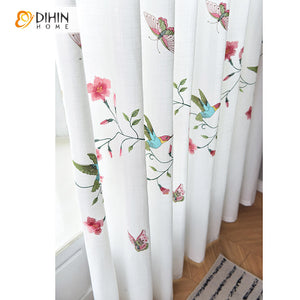 DIHINHOME Home Textile Sheer Curtain DIHIN HOME Pastoral Brid and Flower Embroidered Sheer Curtain, Grommet Window Curtain for Living Room ,52x63-inch,1 Panel