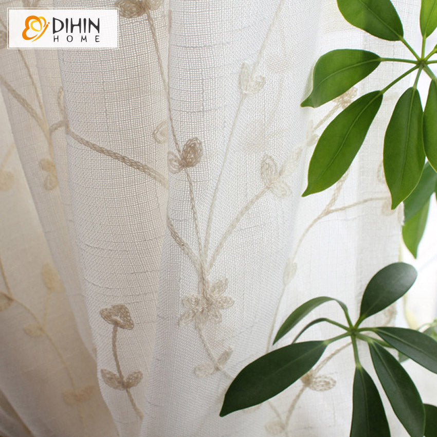 DIHINHOME Home Textile Sheer Curtain DIHIN HOME Pastoral Cotton Linen Embroidered Sheer Curtain, Grommet Window Curtain for Living Room ,52x63-inch,1 Panel