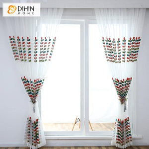 DIHIN HOME Pastoral Embroidered Cotton Linen Sheer Curtain, Grommet Window Curtain for Living Room ,52x63-inch,1 Panel