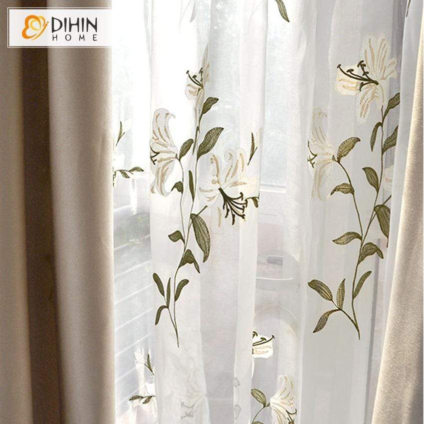 DIHINHOME Home Textile Sheer Curtain DIHIN HOME Pastoral Embroidered Tulle Curtain ,Sheer Curtain, Grommet Window Curtain for Living Room ,52x63-inch,1 Panel