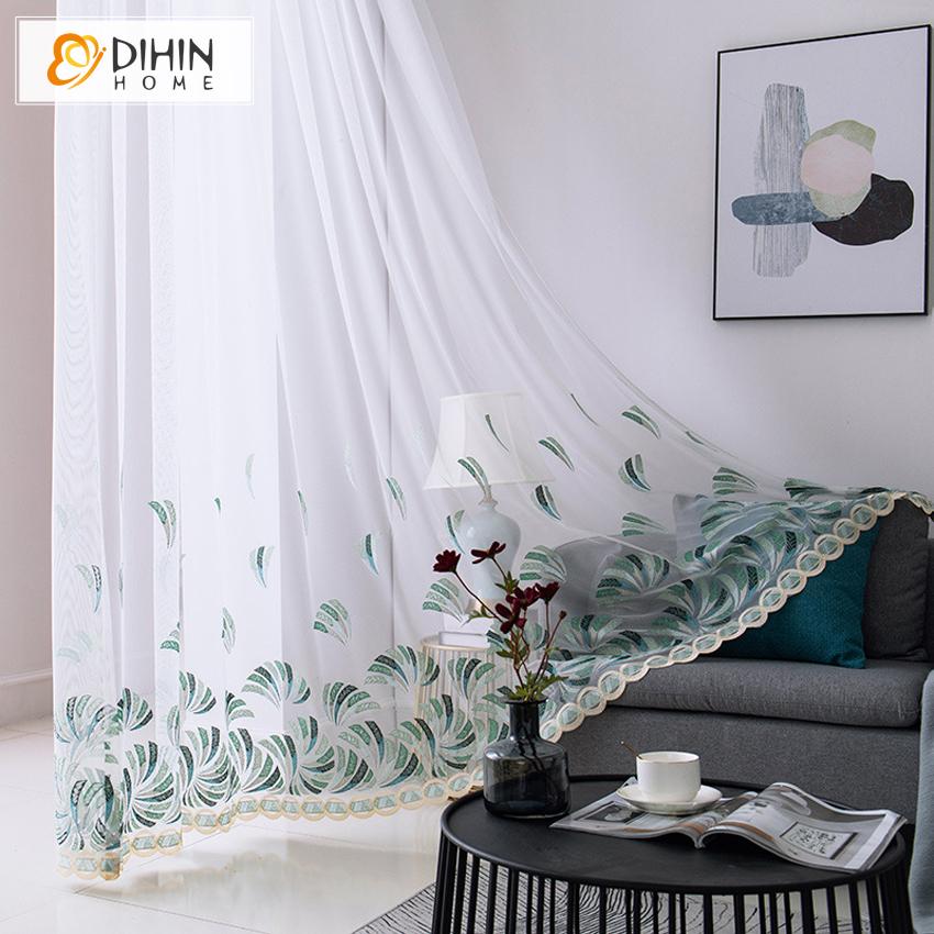 DIHIN HOME Pastoral Embroidered Window Screening,Sheer Curtain, Grommet Window Curtain for Living Room ,52x63-inch,1 Panel