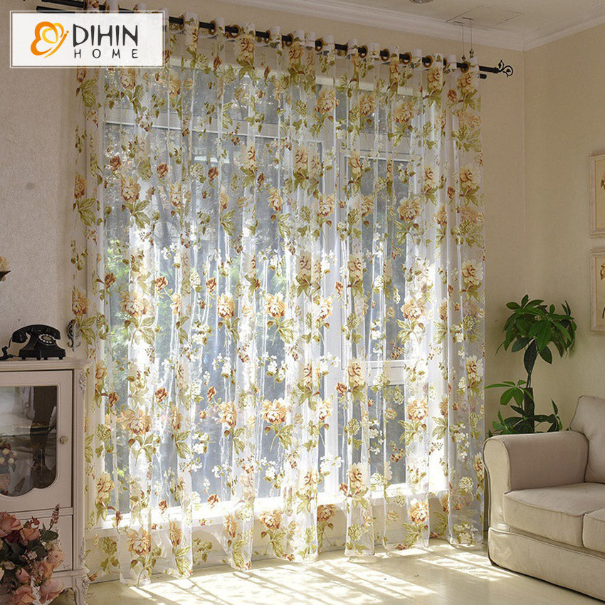 DIHINHOME Home Textile Sheer Curtain DIHIN HOME Pastoral Flower Printed Sheer Curtains,Grommet Window Curtain for Living Room ,52x63-inch,1 Panel