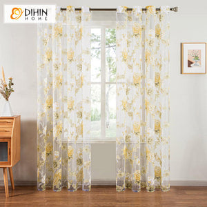 DIHINHOME Home Textile Sheer Curtain DIHIN HOME Pastoral Flower Printed Sheer Curtains,Grommet Window Curtain for Living Room ,52x63-inch,1 Panel
