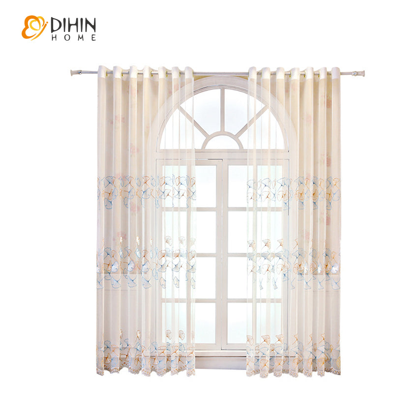 DIHINHOME Home Textile Sheer Curtain DIHIN HOME Pastoral Gingko Flower Embroidered,Sheer Curtain,Grommet Window Curtain for Living Room ,52x63-inch,1 Panel