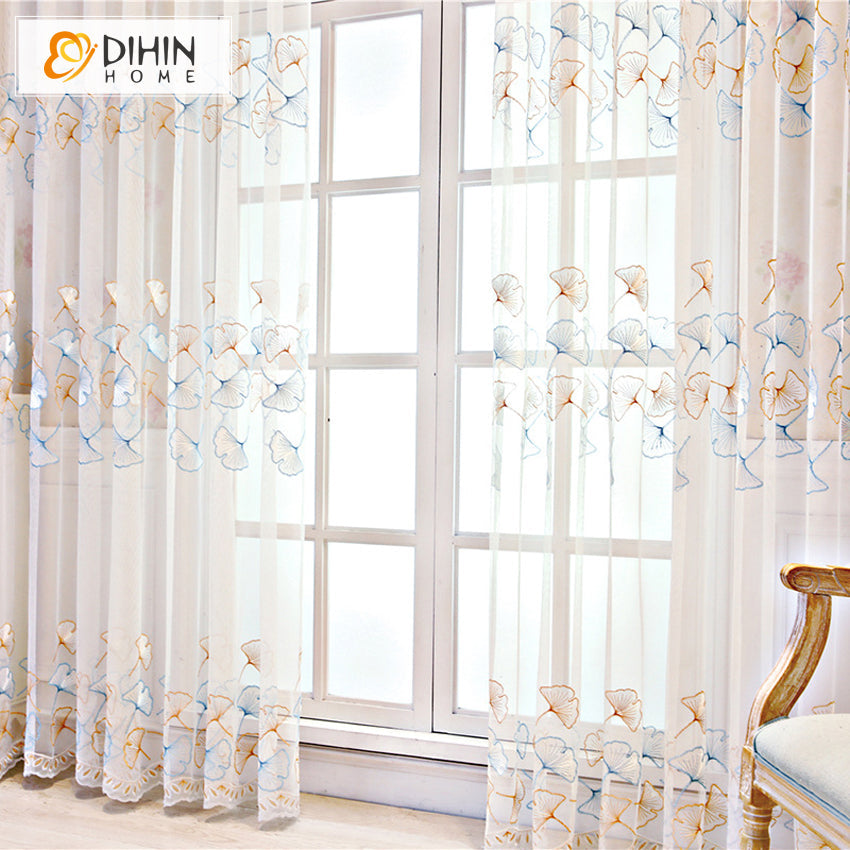 DIHIN HOME Pastoral Gingko Flower Embroidered,Sheer Curtain,Grommet Window Curtain for Living Room ,52x63-inch,1 Panel