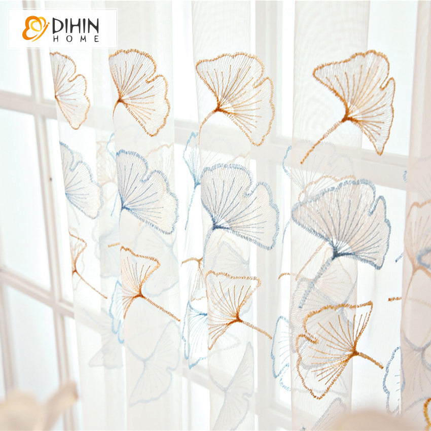 DIHINHOME Home Textile Sheer Curtain DIHIN HOME Pastoral Gingko Flower Embroidered,Sheer Curtain,Grommet Window Curtain for Living Room ,52x63-inch,1 Panel