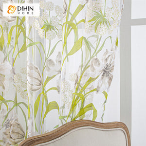 DIHINHOME Home Textile Sheer Curtain DIHIN HOME Pastoral Green Flower Printed Sheer Curtains,Grommet Window Curtain for Living Room ,52x63-inch,1 Panel