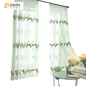 DIHINHOME Home Textile Sheer Curtain DIHIN HOME Pastoral Green Leaves Embroidered,Sheer Curtain,Grommet Window Curtain for Living Room ,52x63-inch,1 Panel