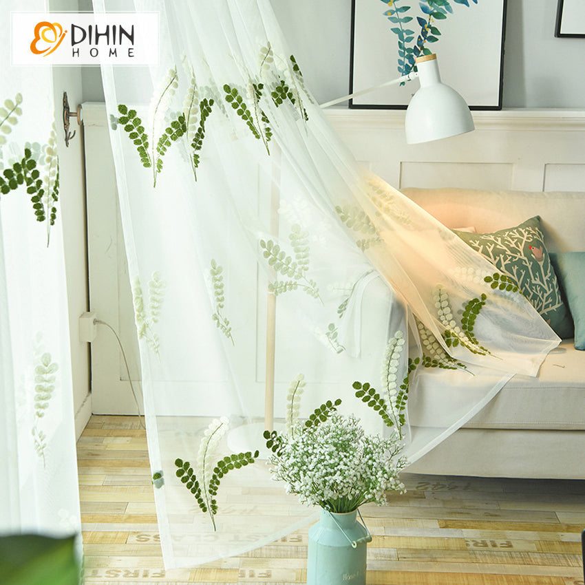 DIHINHOME Home Textile Sheer Curtain DIHIN HOME Pastoral Green Leaves Embroidered,Sheer Curtain,Grommet Window Curtain for Living Room ,52x63-inch,1 Panel