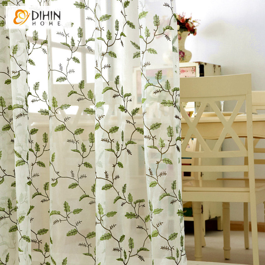 DIHINHOME Home Textile Sheer Curtain DIHIN HOME Pastoral Green Leaves Embroidered,Sheer Curtain, Grommet Window Curtain for Living Room ,52x63-inch,1 Panel